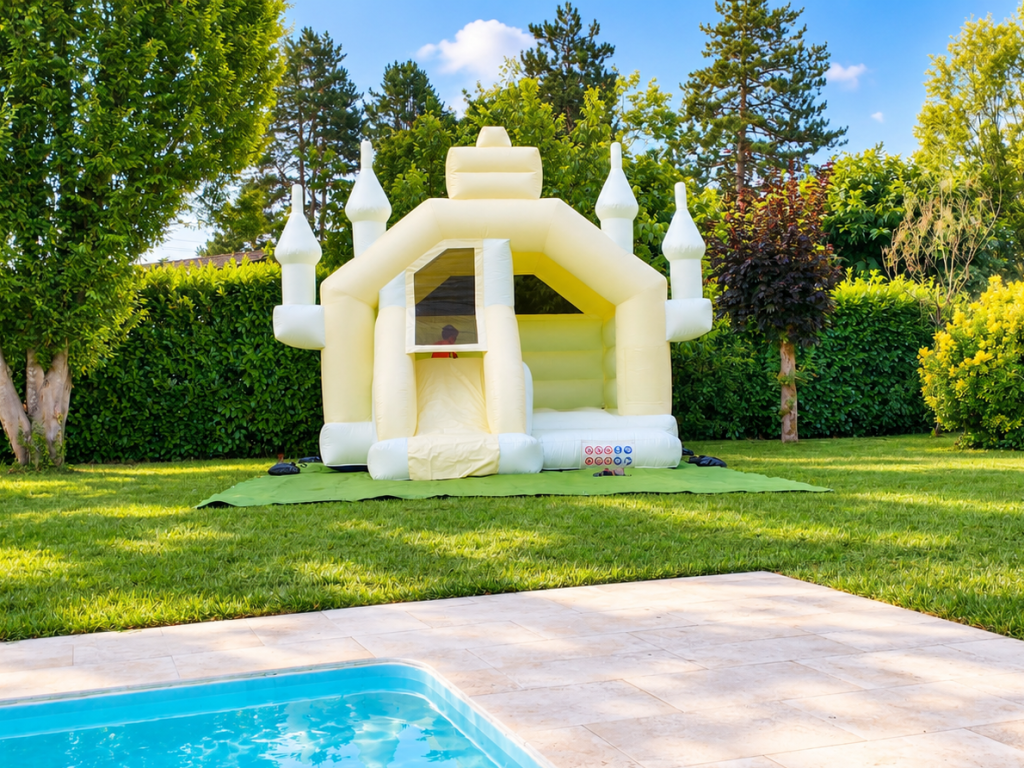 Château gonflable couleur crème en forme de château, installé dans un jardin verdoyant avec une piscine au premier plan.